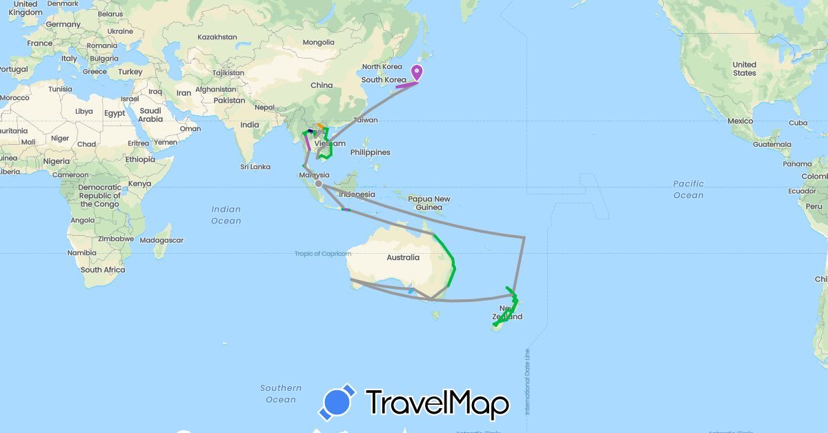 TravelMap itinerary: driving, bus, plane, train, boat, hitchhiking in Australia, Fiji, Indonesia, Japan, Cambodia, Laos, New Zealand, Singapore, Thailand, Vietnam (Asia, Oceania)